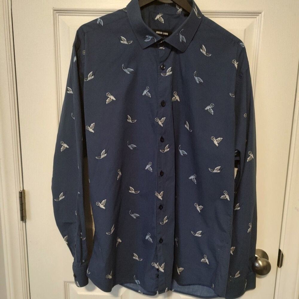 Jared Lang Men’s 2XL Hummingbird Print Button Down Shirt Blue Long Sleeve EUC